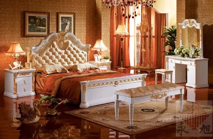 永旭欧式家具 中至信名人居 实木床1.8米 皮床 双人床 白色亮光