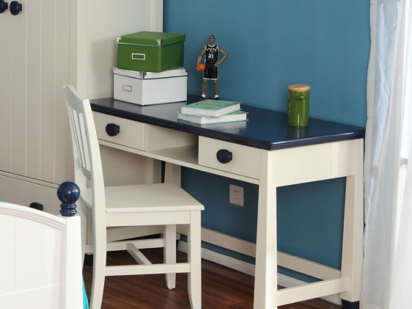 喜梦宝实木家具 欧式松木书桌 多功能实木书桌 白色加蓝色