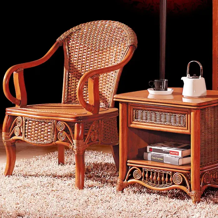 【藤爵】藤编椅子茶几组合三件套 阳台庭院东南亚风格家具复古v21