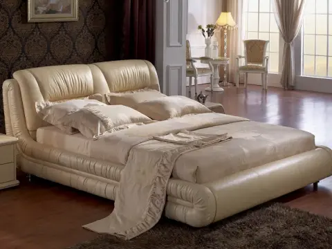 好天气家具 米色接触真皮双人床 时尚现代超纤皮床b-306