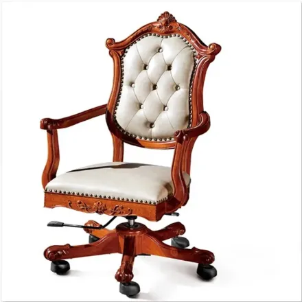 塞瓦那莉-欧式转椅 实木班椅 书房椅 深色法式转椅 真皮书房椅