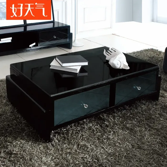好天气家具 简约现代玻璃茶几 黑色钢化玻璃台面茶几h620