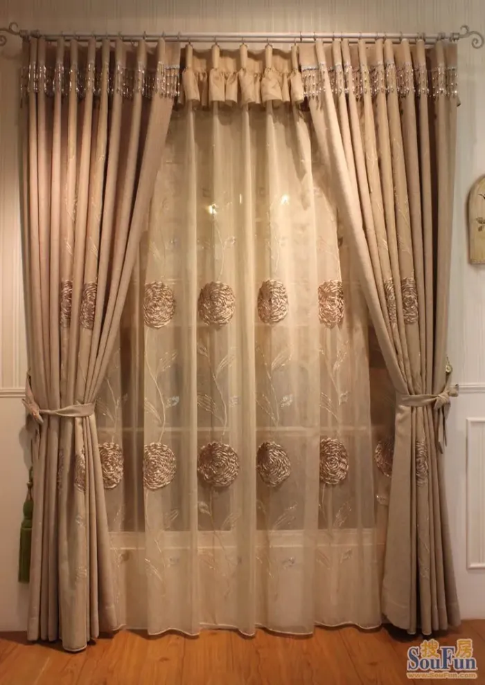 米色麻布帘盘花纱帘客厅刺绣卧室