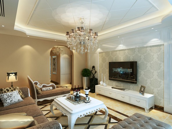 客厅以石膏板吊顶造型,用简单线条做菱形沟边,搭配优雅尊贵的水晶吊灯
