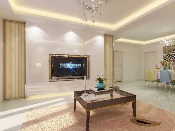 背景墙为深茶色,用浅色的布艺沙发拉开对比,选用一组强烈对比的深色