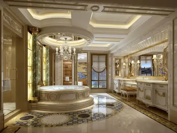 门窗上半部多做成圆弧形,并用带有花纹的石膏线勾边.