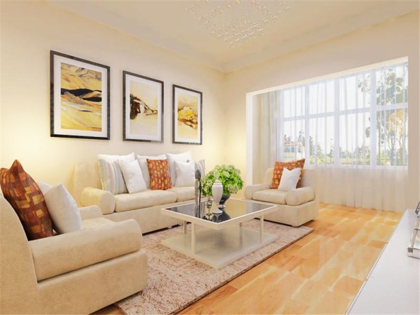 客厅电视背景墙壁纸选用了极具现代感的黄紫搭配的壁纸,让整个空间
