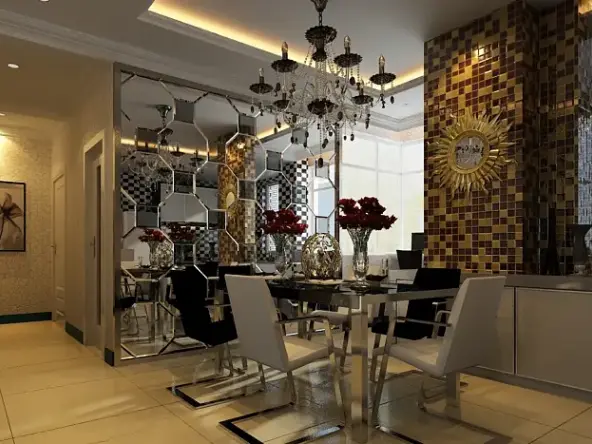 餐厅的墙面装饰采用材质是车边镜,主要目的是拉伸空间增加反光效果.