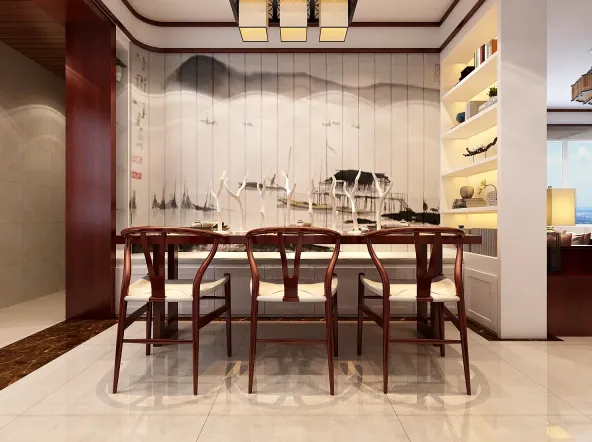 餐厅背景墙是一面石膏板勾缝,再加上手绘的一副山水画,使得中式的韵味