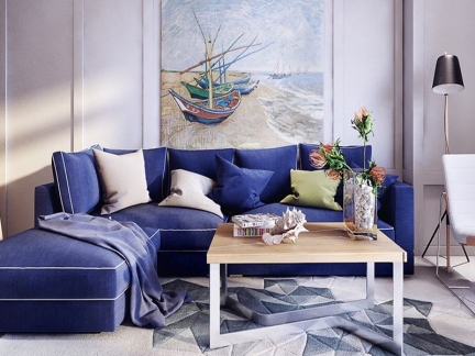 时尚混搭风格客厅蓝色沙发效果图