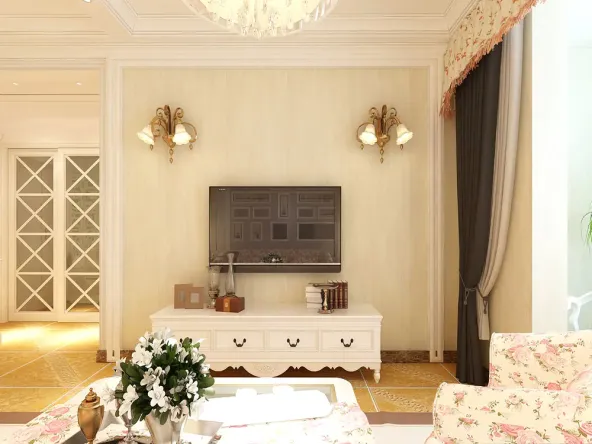 客厅吊棚是采用井字设计,配以石膏线收边,让棚面更柔和.