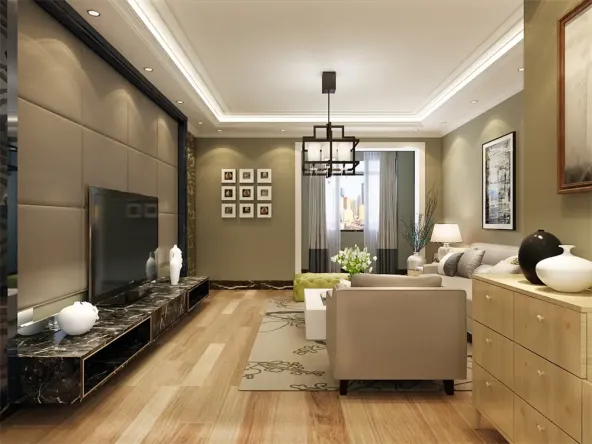 沙发背景墙采用的是挂画的组合,沙发采用的是灰色系配搭浅色地板.