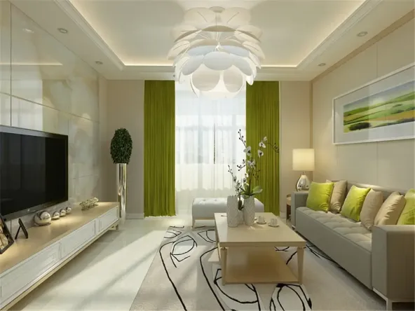 本案黄色乳胶漆作为墙面的主要颜色,更为温馨,电视背景墙更采用石材