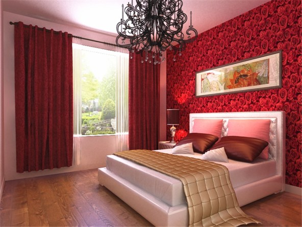 主卧室采光特别充足,窗帘为迎合整体色调统一选择了红色的布艺窗帘