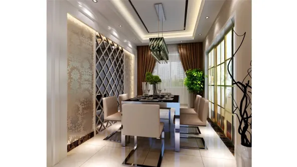 餐厅顶面同时也采用很现代的石膏板吊顶,墙面做了装饰墙,棱形木质边条