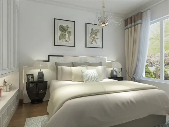 在卧室的设计中,同样我们采用了木色的木地板与白色乳胶漆相结合,白色