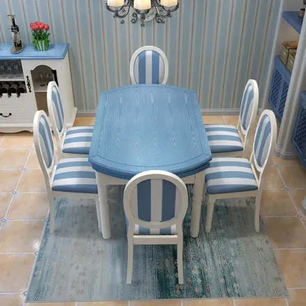 地中海风格蓝色可伸缩折叠实木餐桌椅组合6人多功能圆形饭桌子