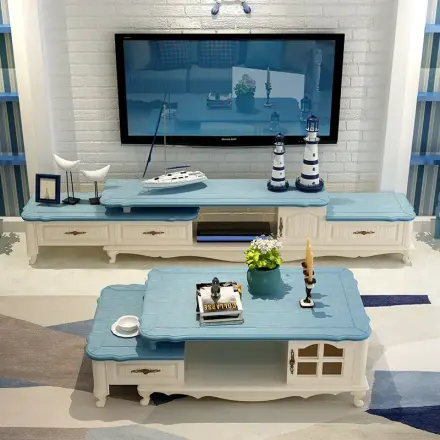 地中海风格蓝色简约实木烤漆客厅伸缩茶几小户型储物茶桌客厅家具