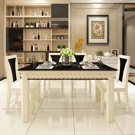 帝标家具钢化玻璃餐桌椅组合简约现代烤漆饭桌实木长方形6人餐桌