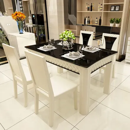 帝标家具钢化玻璃餐桌椅组合简约现代烤漆饭桌实木长方形6人餐桌