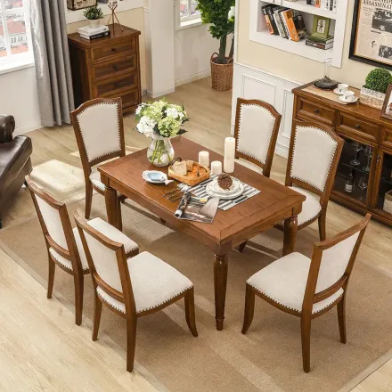 餐桌美式乡村餐厅餐桌椅组合家用饭桌一桌四椅6人小户型白蜡实木