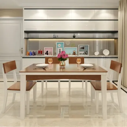 帝标长方形现代简约时尚餐桌椅组合木纹钢琴烤漆餐厅钢化玻璃餐桌