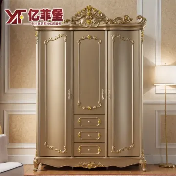 亿菲堡 卧室奢华香槟金色欧式三门衣柜雕花公主烤漆木质3门大衣橱