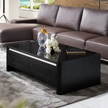 斯帝罗兰茶几 现代黑色钢化玻璃简约储物两抽屉时尚长方形茶几