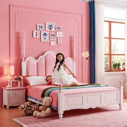 安娜铭 欧式公主床儿童床1.5米实木皮床单人床粉色儿童房家具女孩