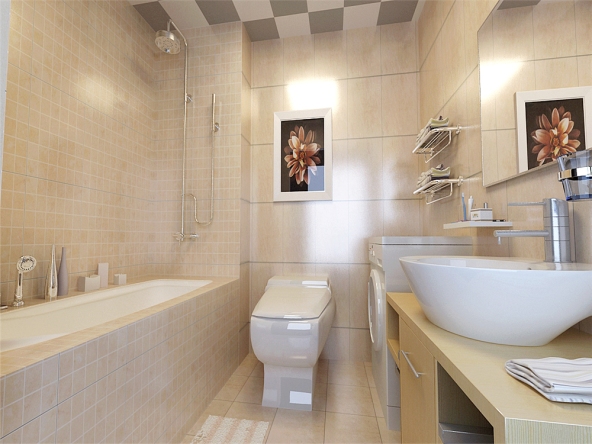 卫生间暖色的理石纹理墙地砖给人一种舒适温馨的感觉,浴缸的区域利用