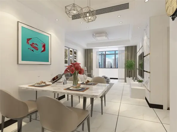 客餐厅相对,通铺800*800地砖,通过吊顶划分区域;整个客餐厅都是现代