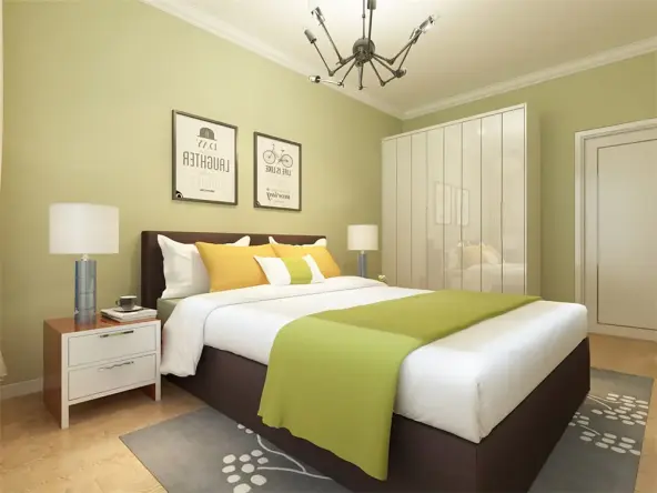 点缀房间,搭配黄色的灯光以及现代软装的画幅等整体体现温馨的感觉