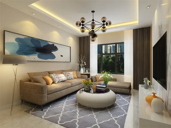 客餐厅采用偏暖色乳胶漆,整体家具抹去了繁荣复杂之感,电视背景墙也