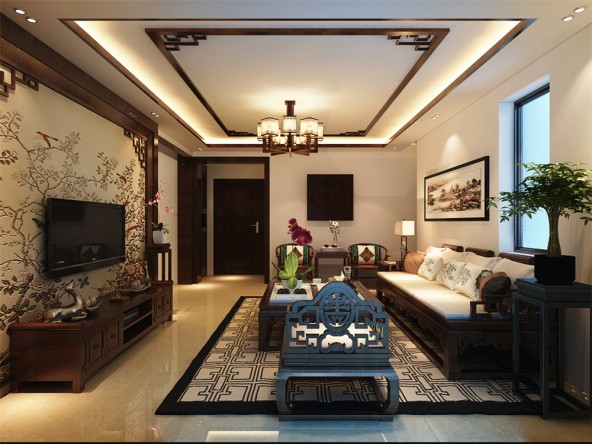 天津城市之光星光园中式风格三居室装修效果图