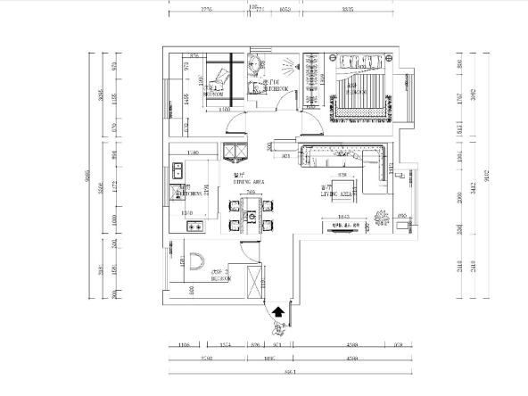 該戶型為旭輝御府三室一廳一廚一衛90㎡,客餐廳空間較大,廚房與餐廳