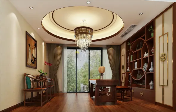 实木书桌的方正,文房四宝的温润,与圆作为元素的挂画,摆件,天花吊顶等