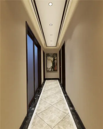 中心位置为拼花波打线和400*400地砖斜铺,黑色石材踢脚线,影视墙592