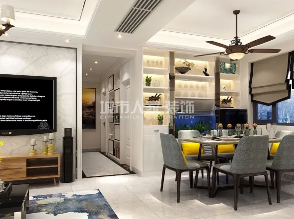 被承重墙限定了,在背景墙上只是简单的做了一些造型,加上层次吊顶手法