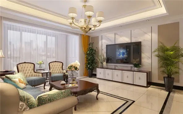 影视墙与沙发背景墙采用三段式设计,减弱了视觉上的狭长感,又能形成