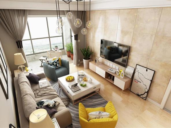 客厅以米黄色作为主色调,简单的布艺沙发 采用跳色设计,朴实温暖
