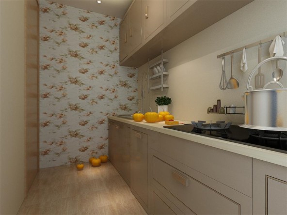 厨房选用了木色的橱柜,搭配暖黄色乳胶漆,尽头墙面选择壁纸处理,整体
