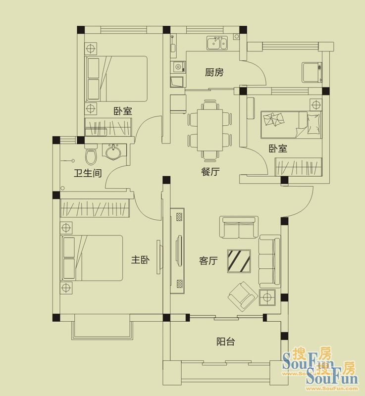 富田兴龙湾-混合型风格-三居室