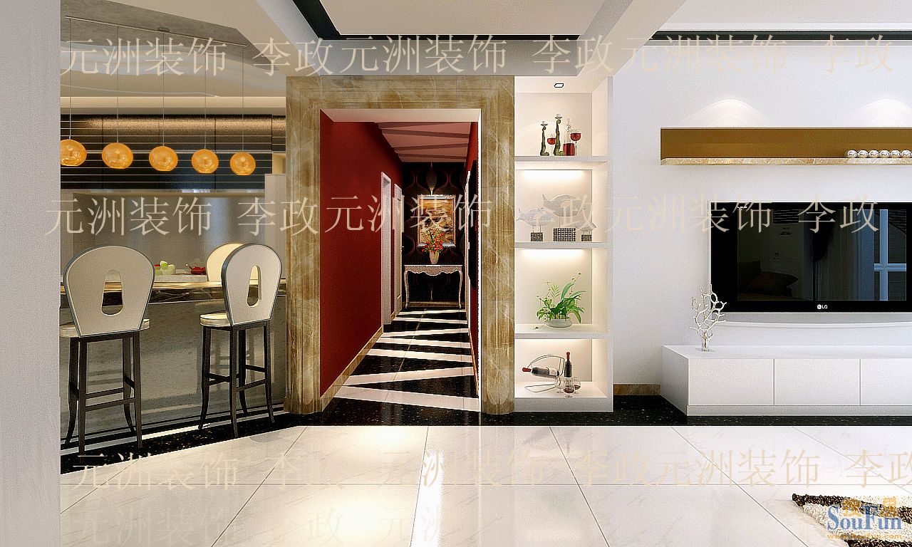 领世达观132平米现代风格;装修设计效果图元洲李政作品-现代简约-三居室