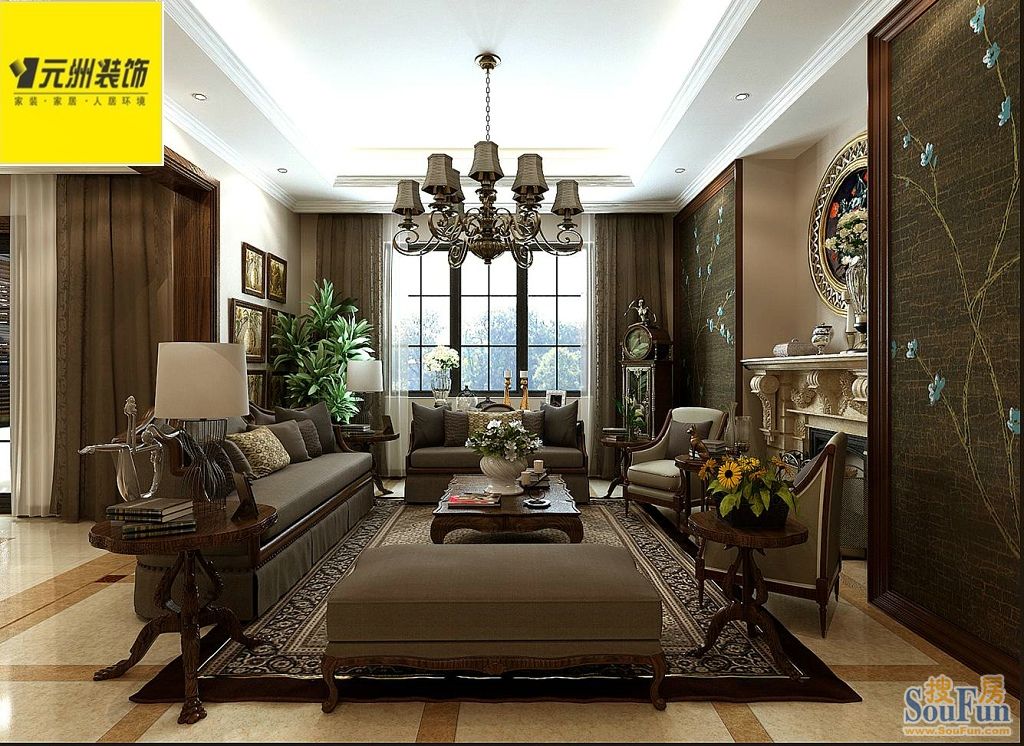 颐和星苑400平别墅美式古典150万风格;装修设计效果图-别墅