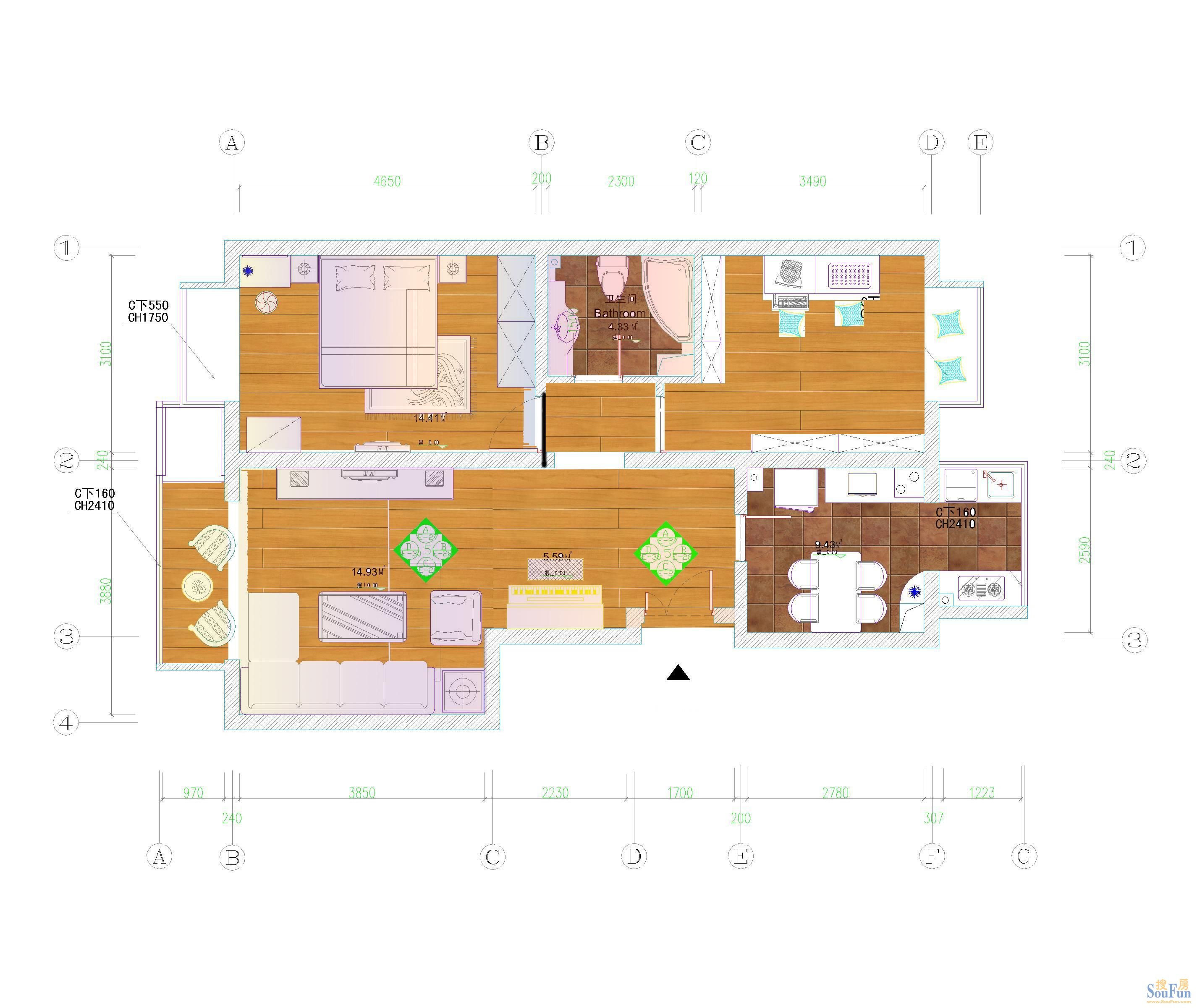 CBD总部公寓-混合型风格-二居室
