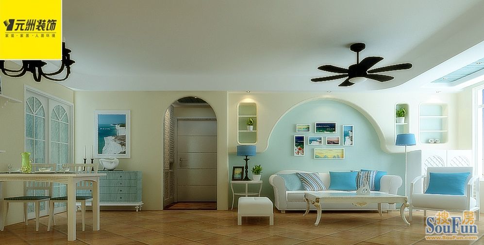 110平三室两厅一卫一厨-地中海风格;装修设计案例-三居室