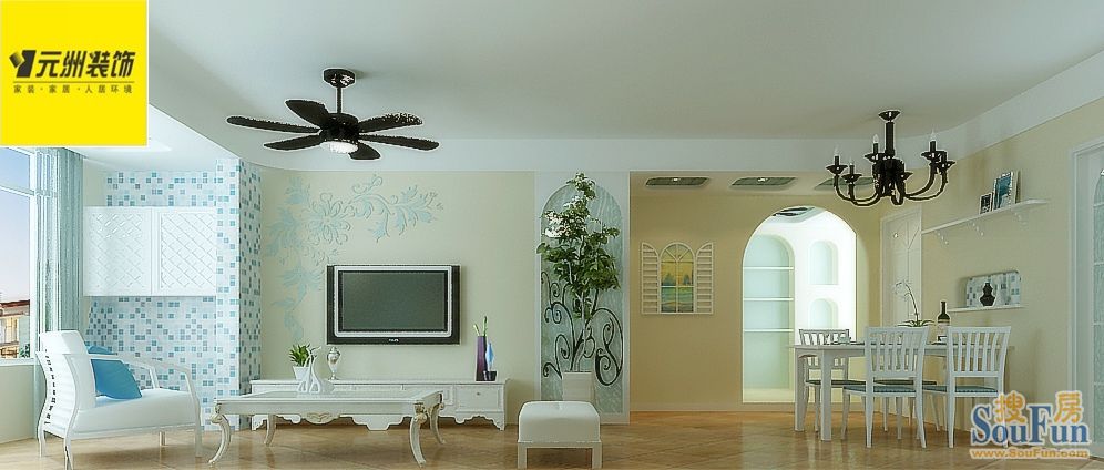 110平米三室两厅一卫一厨地中海风格;装修设计效果图-三居室