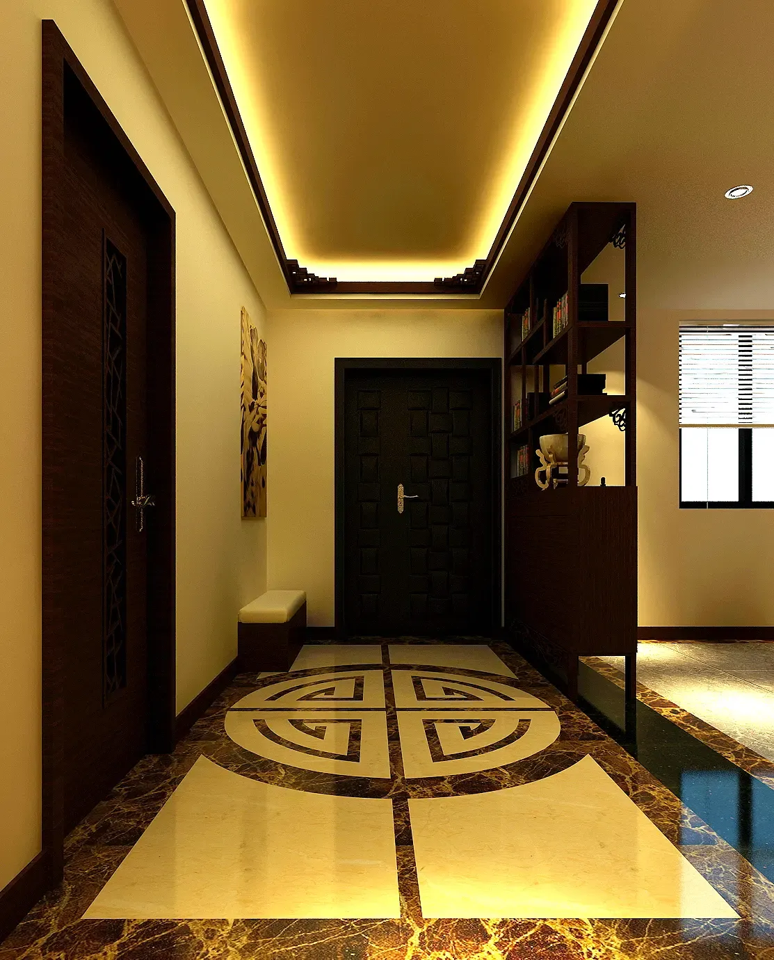 地面以大理石拼花铺贴,采用中式图案,寓意祥和,大门正对玄关,以大理上