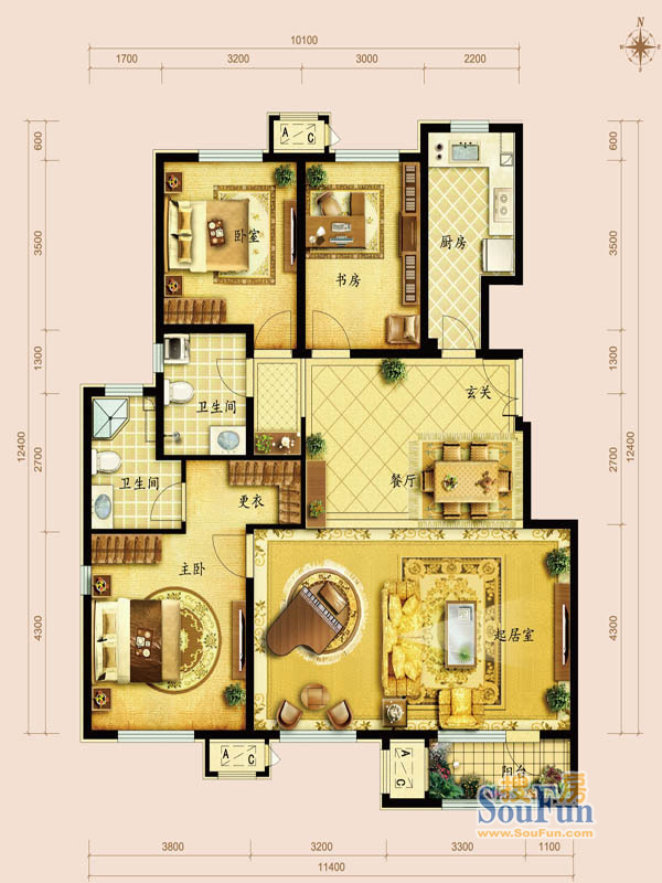 金地朗悦-混合型风格-三居室