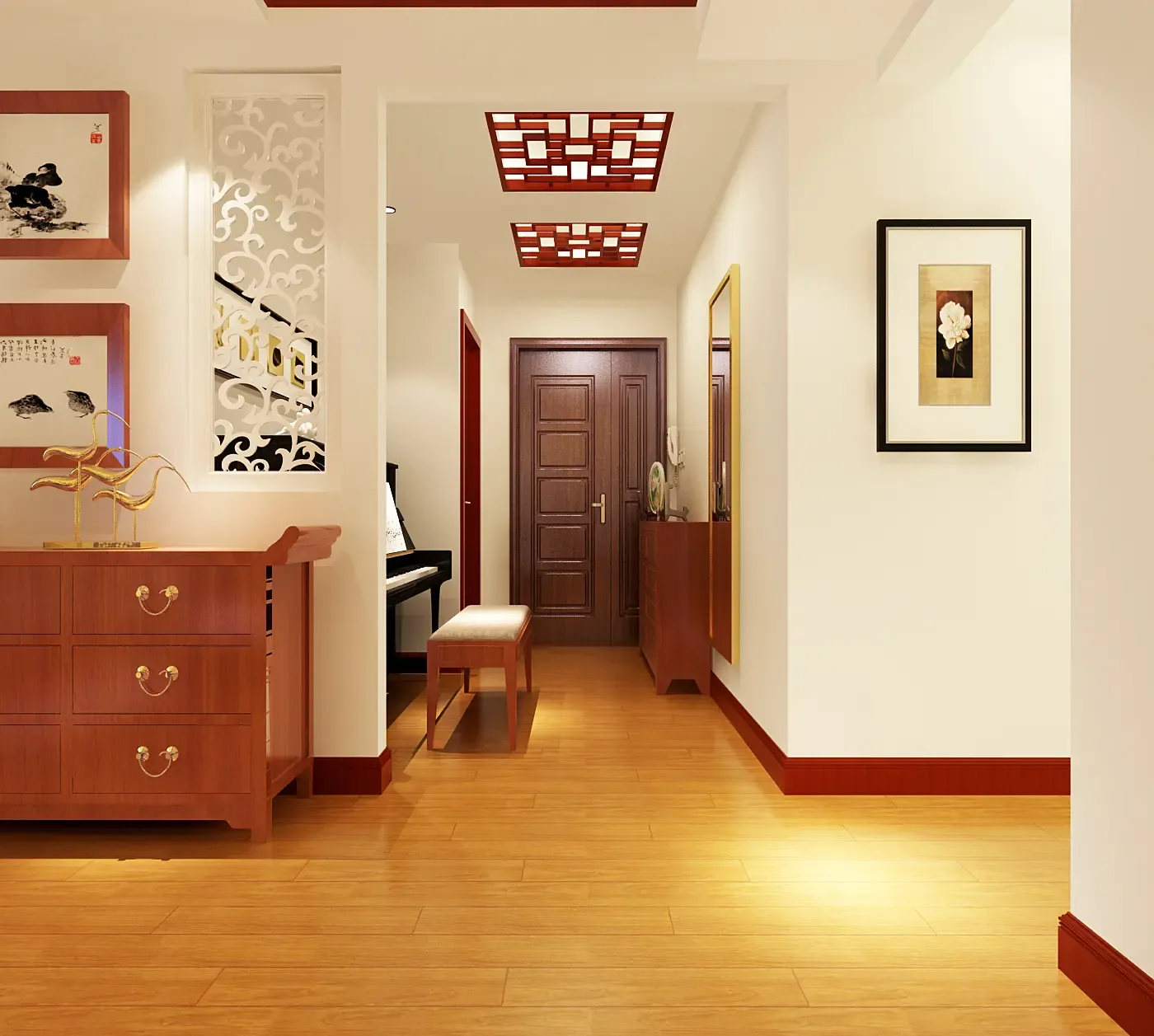 客厅区域:地面用樱桃桃木色的地板,墙面与顶面采用了中式木格与壁纸